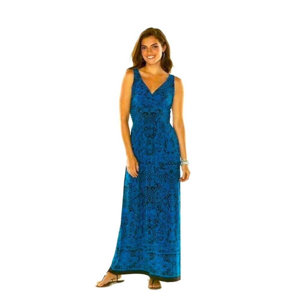 Chaps Maxi Dress Blue Black Brown Paisley Sleeveless V Neck Size Small